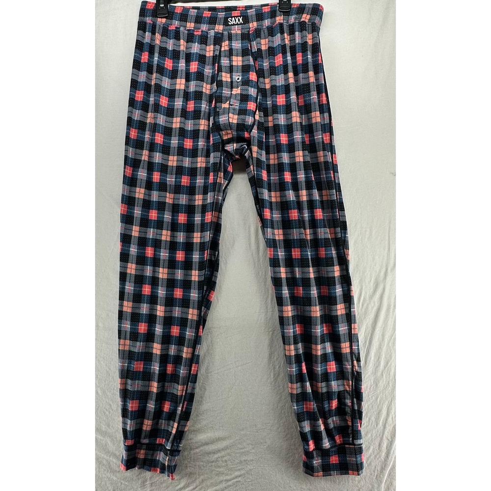 Saxx DropTemp Cooling Sleep Pants Mens Large Plaid BallPark Pouch Pajamas Blue